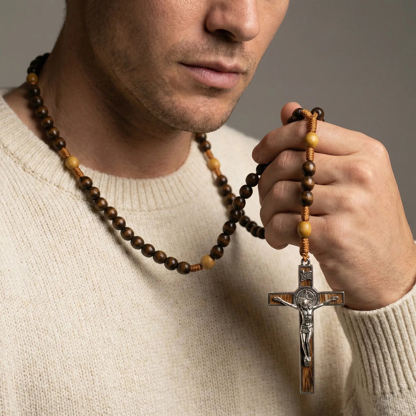 Woven Cord Wooden Rosary with St. Benedict Medal Cross - Sacred Blessing | Amen Artisan