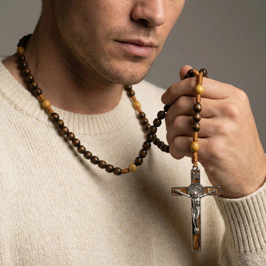 Woven Cord Wooden Rosary with St. Benedict Medal Cross - Sacred Blessing | Amen Artisan
