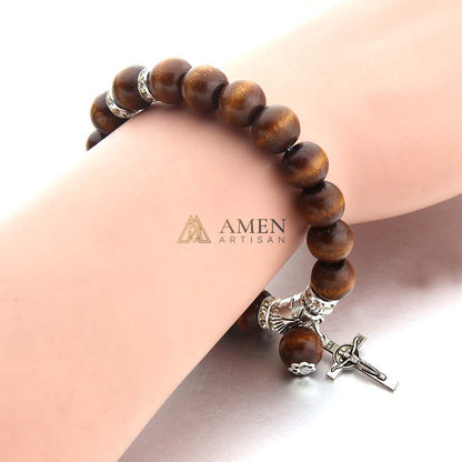 Amen Artisan Brown Wooden Beads Crucifix Elastic Cord Bracelet