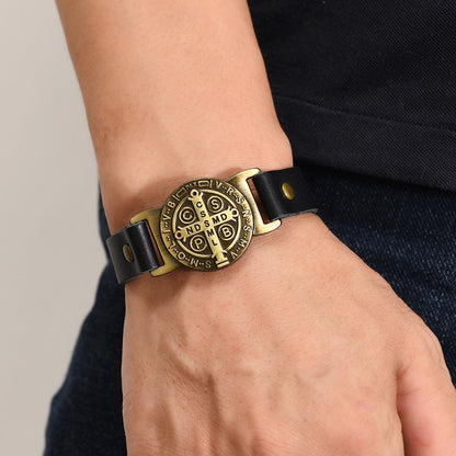 St. Benedict Leather Cuff Bracelet with Large Medal — Protection