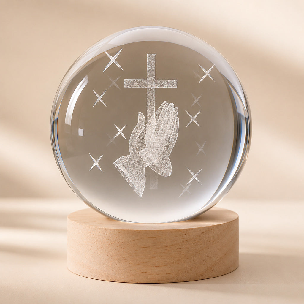 Christian Crystal Ball Night Light with Praying Hands and Cross — Peace