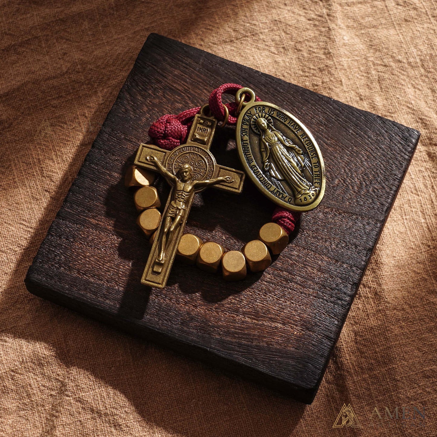 Burgundy Clip-On Pocket Decade Rosary with Crucifix and Our Lady Medal