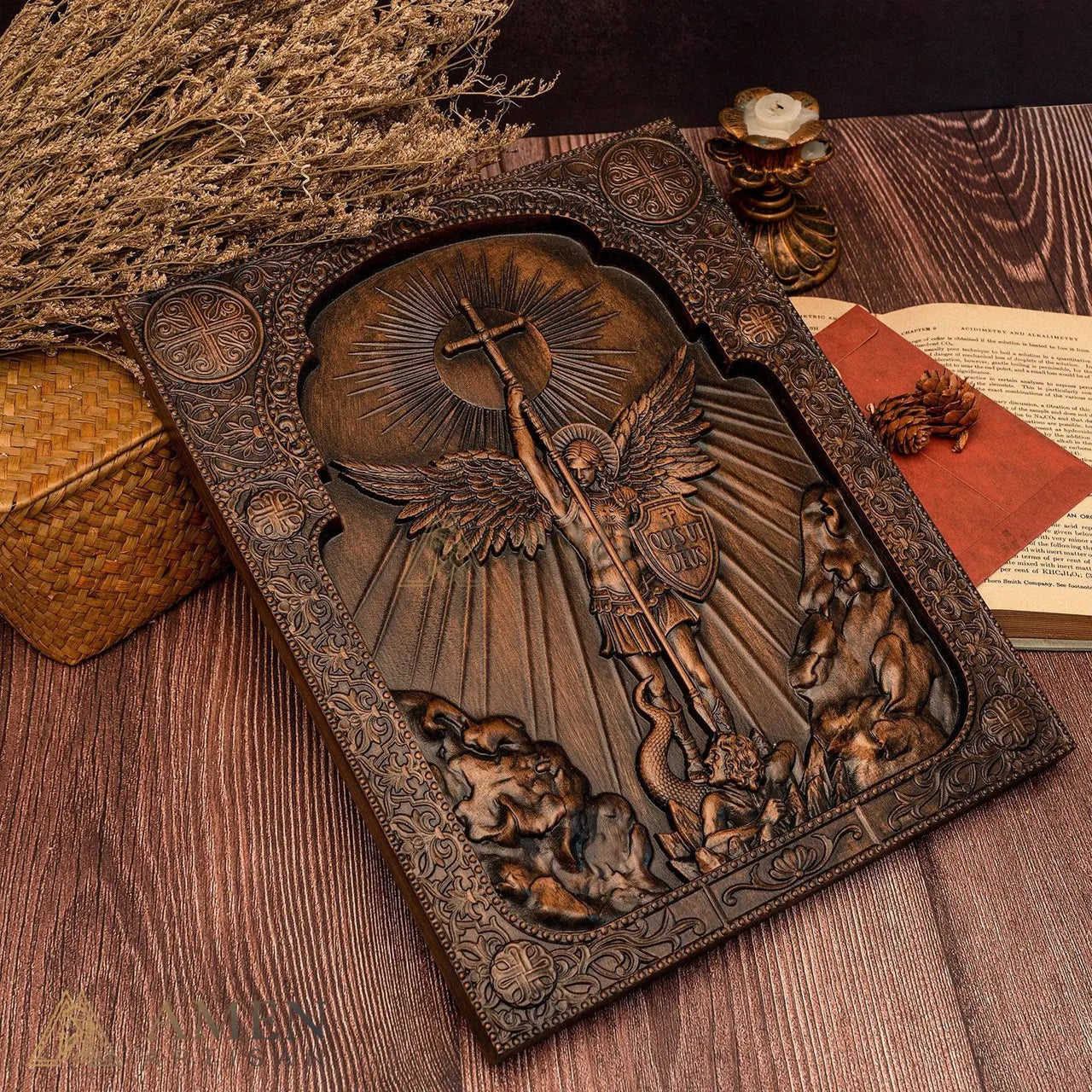 St Michael Wood Carving Amen Artisan