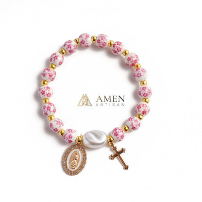 Blue and White Pottery Beads & Baroque Pearl Elastic Cord Cross Bracelet Amen Artisan