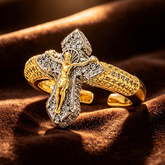 【Deal Today】Cubic Zirconia Crucifix Open Ring in Brass - Faith, Hope & Protection |  Amen Artisan