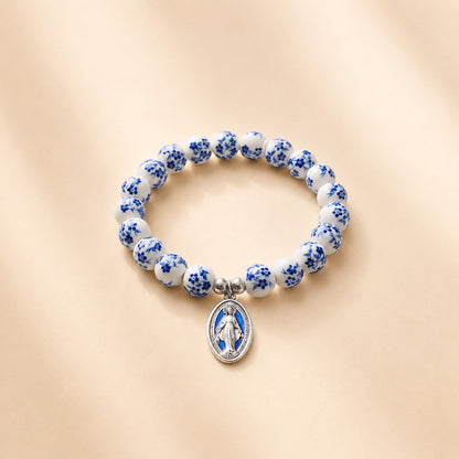 【Deal Today】Blue Floral Ceramic Bead Miraculous Medal Stretch Bracelet | Amen Artisan