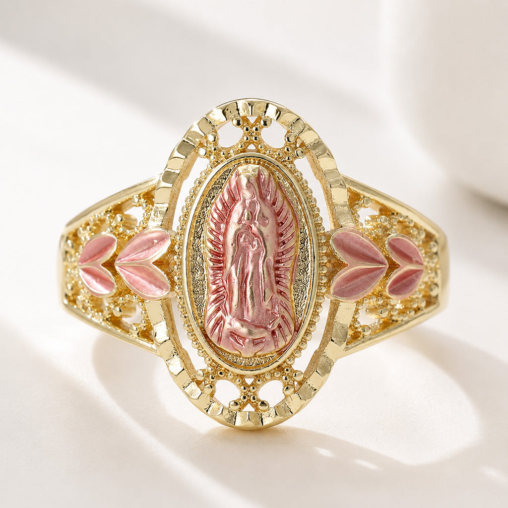 【DEAL TODAY】Our Lady Gold-Tone Ring with Pink Raised Detail