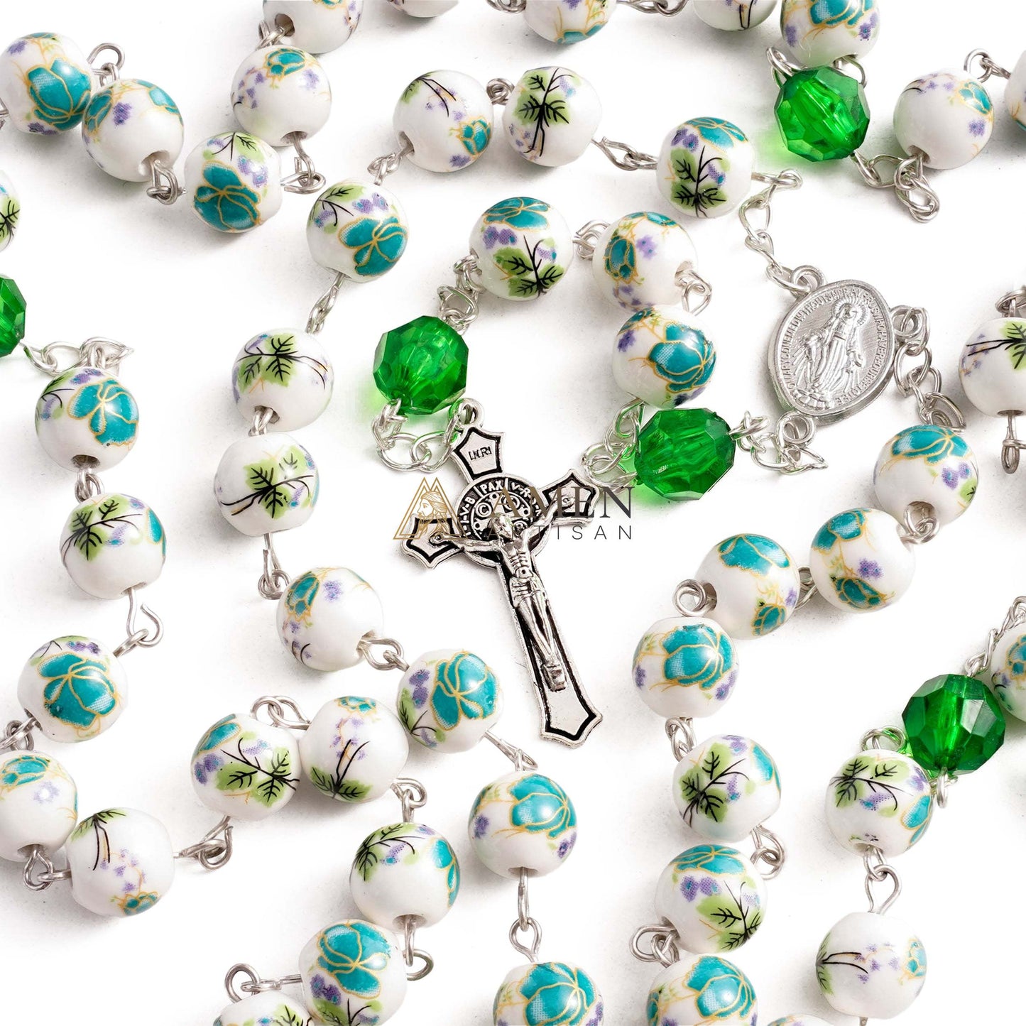 Cyan Floral Ceramic Rosary Amen Artisan