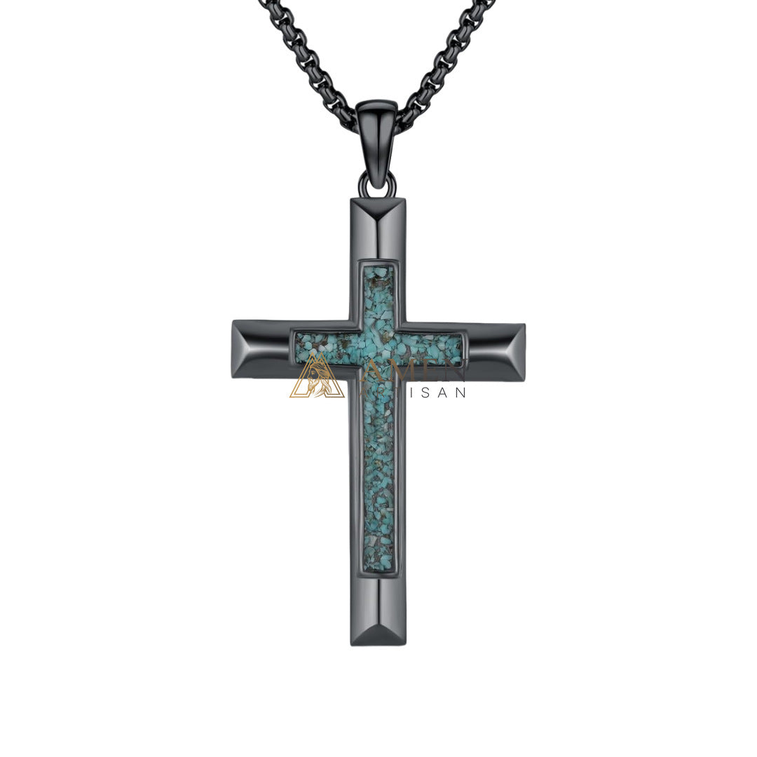 Turquoise Chip Cross Pendant Necklace Amen Artisan