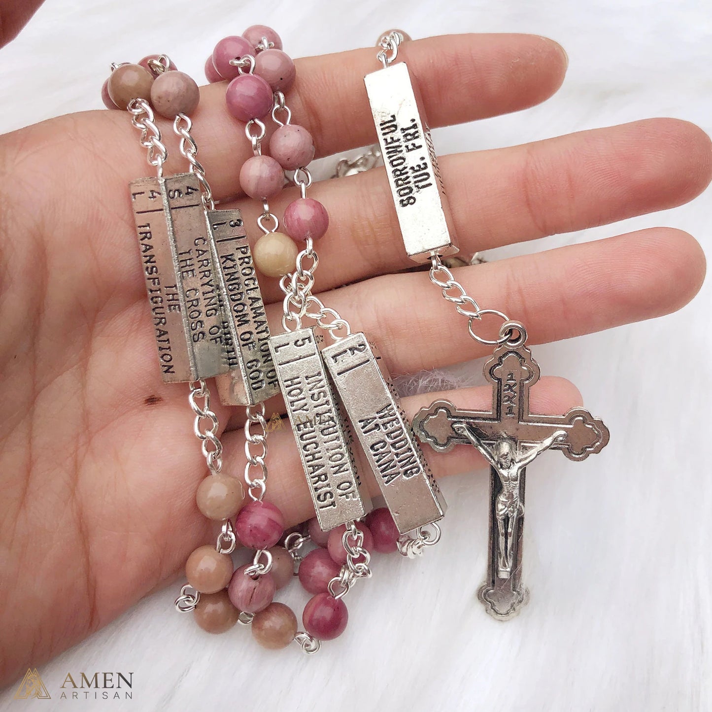 Rhodonite Bead Rosary with 5 Mysteries Amen Artisan