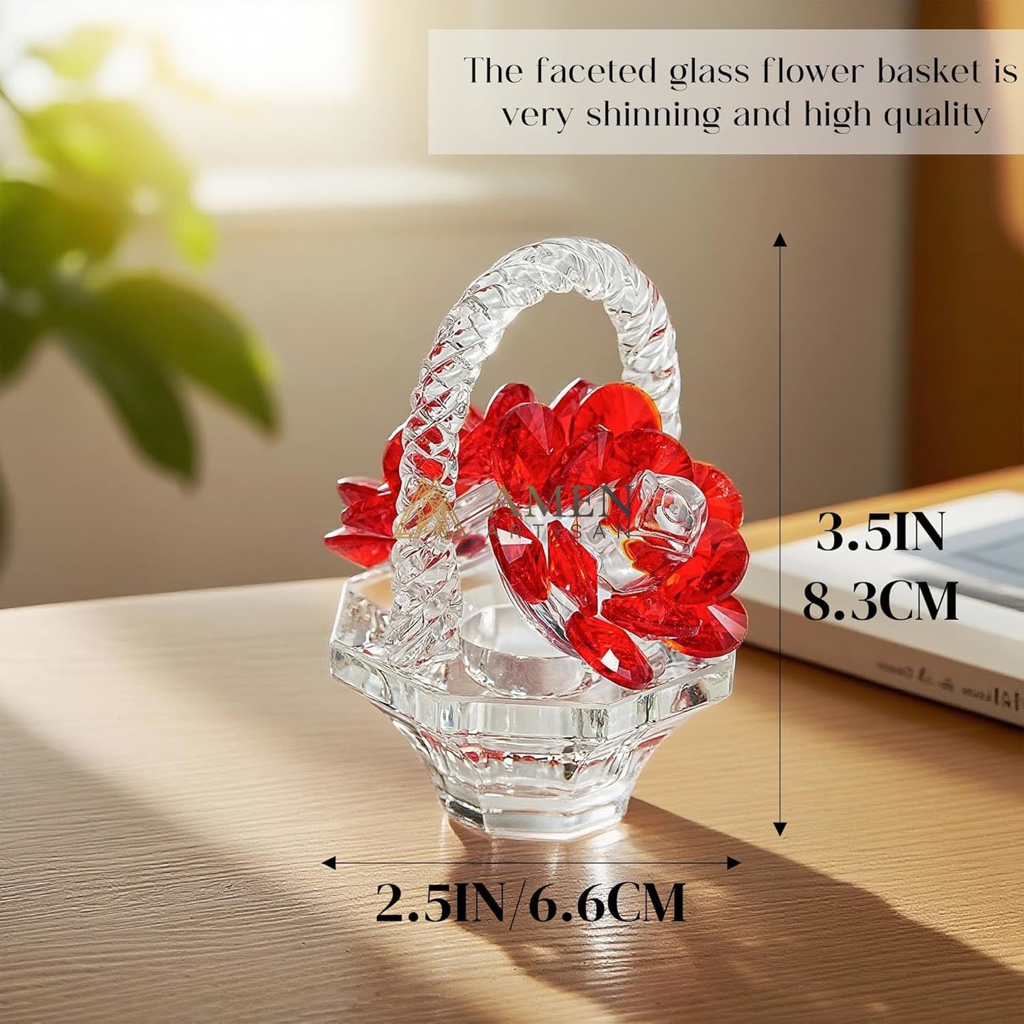 Crystal Red Rose Flower Basket Figurine Amen Artisan