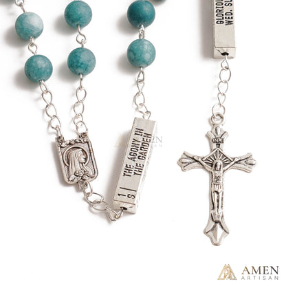Matte Blue Chalcedony Bead Rosary with 5 Mysteries Amen Artisan