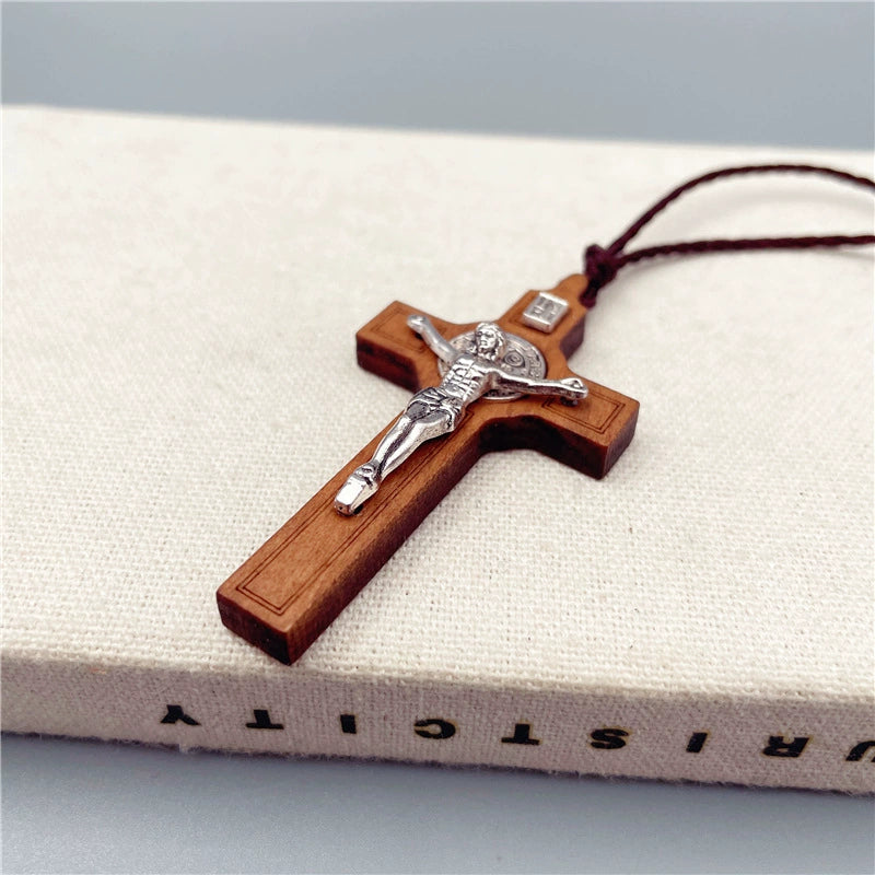 Wood Inlaid Metal Crucifix Cross Necklace Amen Artisan