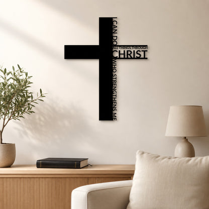 Philippians 4:13 Metal Cross Wall Art with Scripture Design — Strength