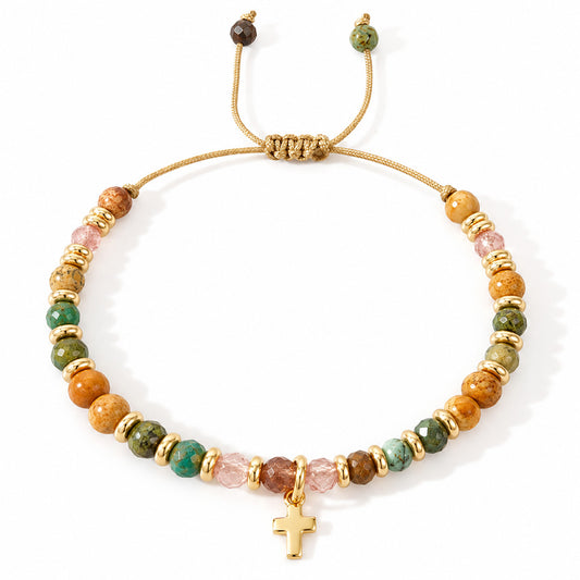 【Deal Today】Boho Natural Stone Cross Bracelet with Adjustable Cord — Faith | Amen Artisan
