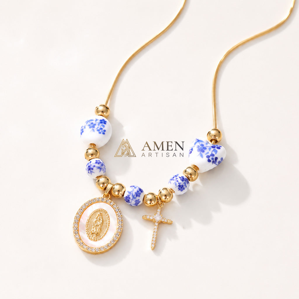 Floral Ceramic and Zircon Virgin Mary Cross Necklace Amen Artisan