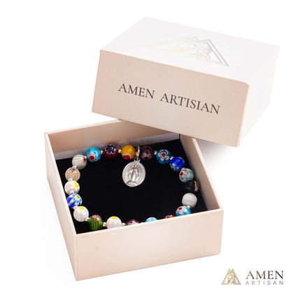 【DEAL TODAY】Colorful Catholic Bracelet with Patterned Glass Beads and Virgin Mary Medal