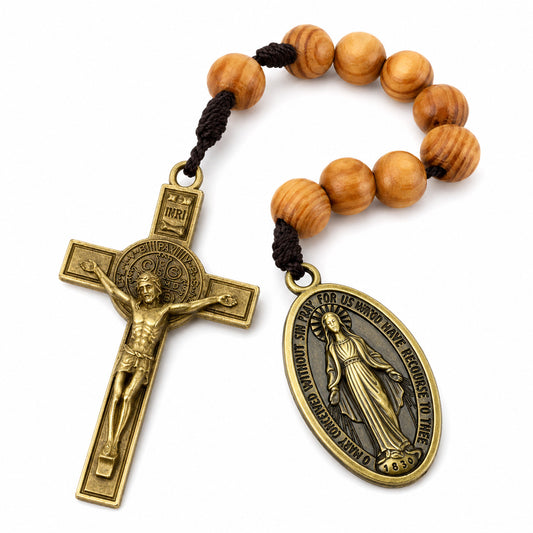 Portable Wooden Decade Rosary with St. Benedict Cross - Blessing & Peace | Amen Artisan