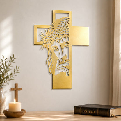 Jesus Portrait Metal Cross Wall Art with Crown of Thorns
