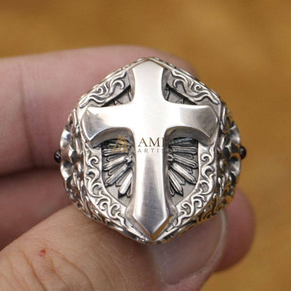 925 Sterling Silver Shield Cross Ring Amen Artisan