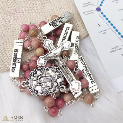 Rhodonite Bead Rosary with 5 Mysteries Amen Artisan