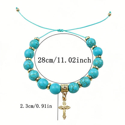 Adjustable Turquoise-Style Beaded Cross Bracelet