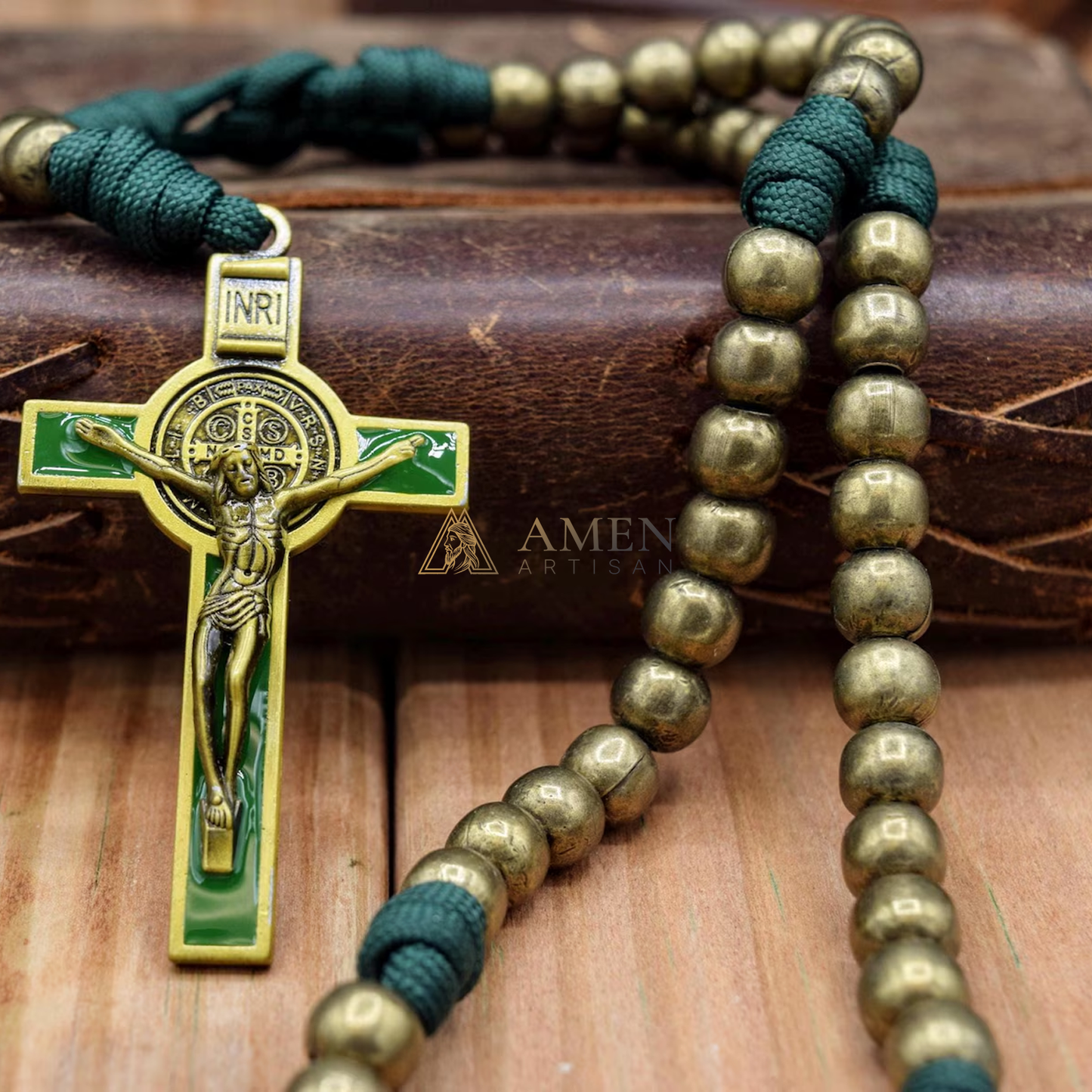 Military-Grade Paracord Rosary with Antique Bronze Beads & Enamel Crucifix Amen Artisan