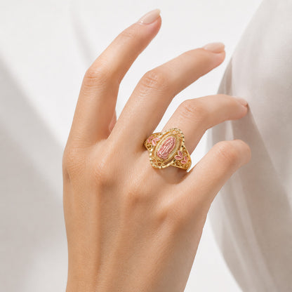 【DEAL TODAY】Our Lady Gold-Tone Ring with Pink Raised Detail