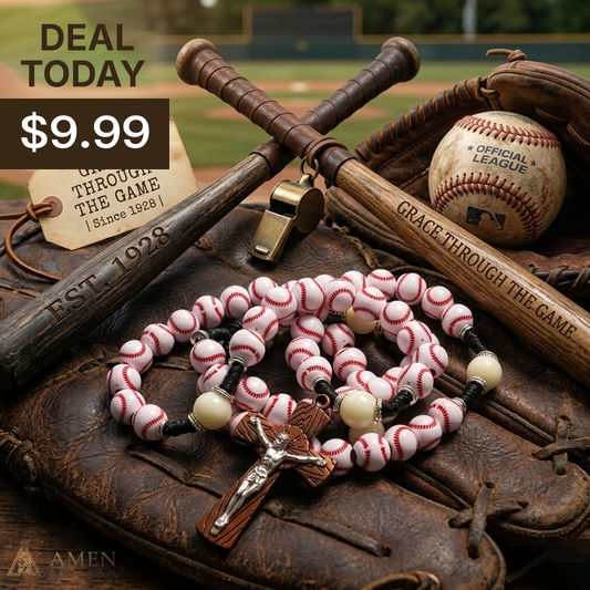 "Home Run" Baseball Rosary – Hand-Stitched Style Beads with Wood-Grain Bat Crucifix – Durable Catholic Gift for Athletes & Baseball Fans