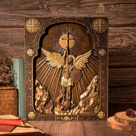 St Michael Wood Carving Amen Artisan