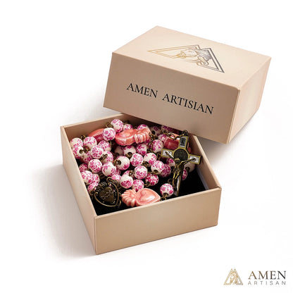 Sakura Pink Beads Sacred Heart Rosary Amen Artisan