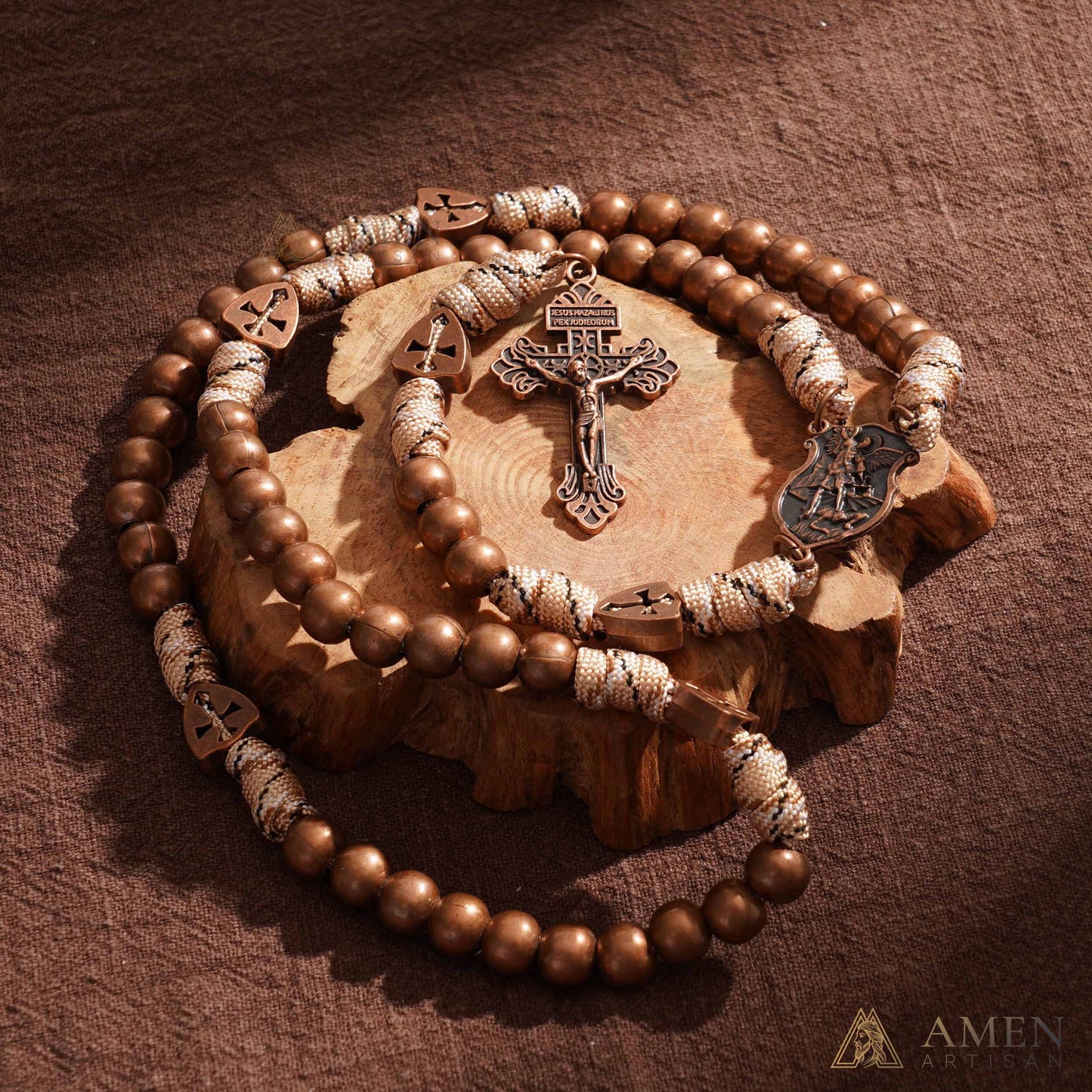 St. Michael the Archangel Bronze Paracord Wrapped Rosary Bracelet – Faith & Protection Amen Artisan