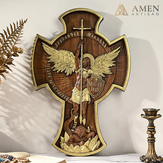 St Michael Wood Carving Amen Artisan