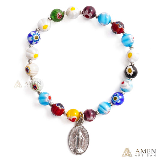 【DEAL TODAY】Colorful Catholic Bracelet with Patterned Glass Beads and Virgin Mary Medal