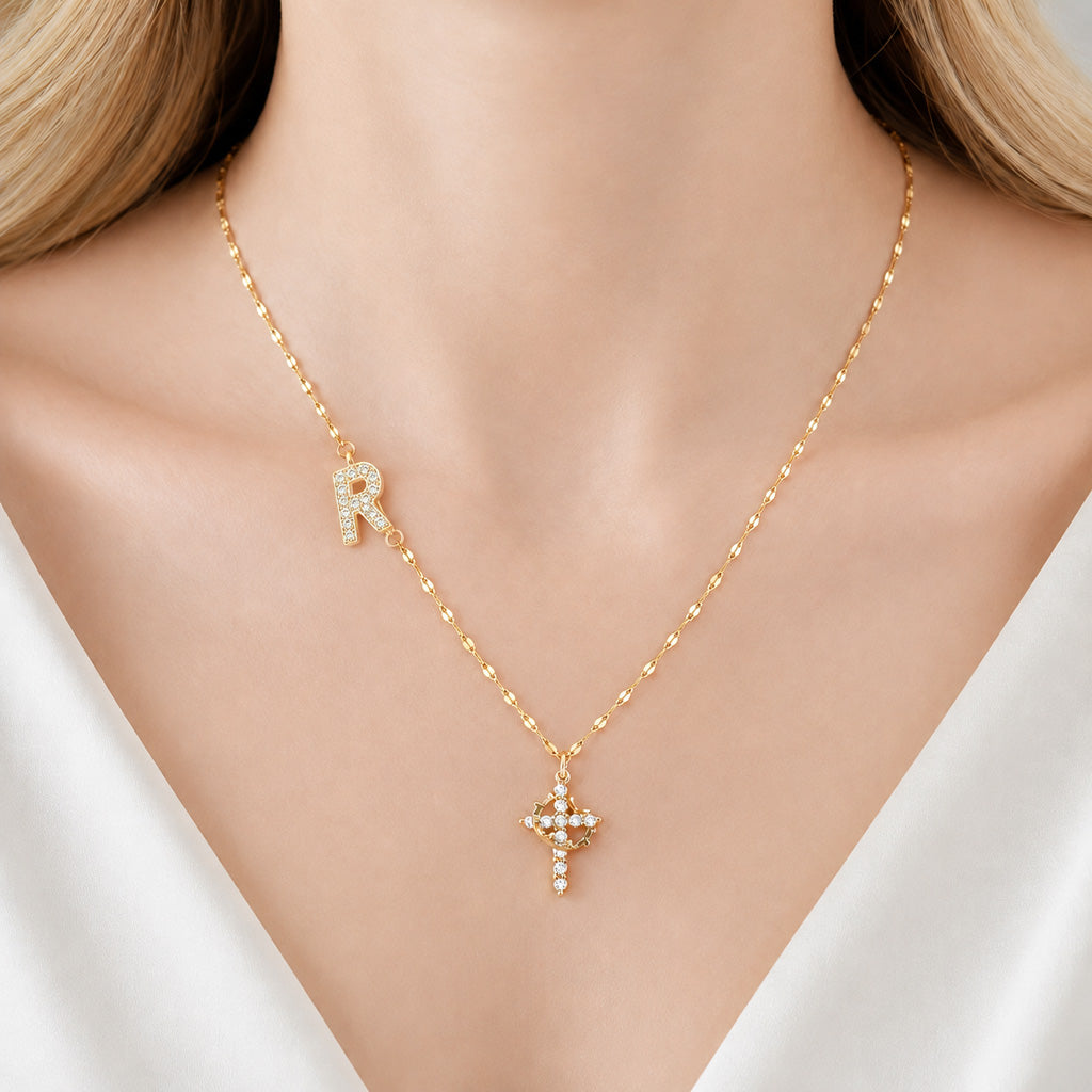 【DEAL TODAY】Sparkling Zircon Cross Necklace with A-Z Initial Charm