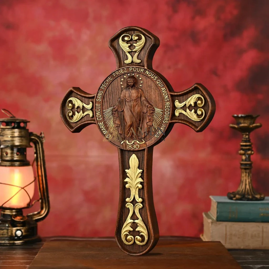 Miracle Medal Wood Carving Amen Artisan