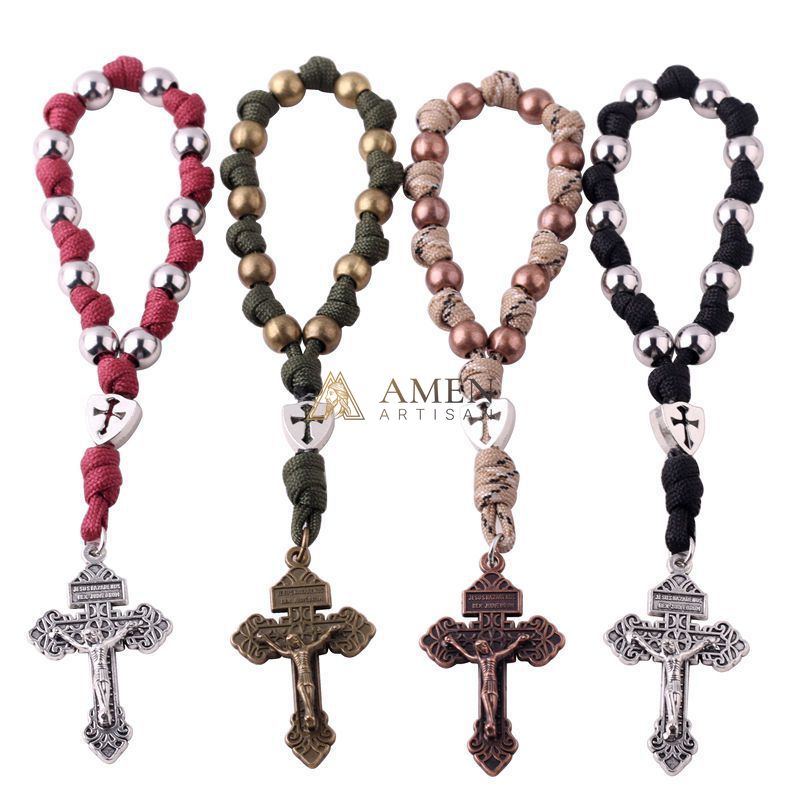 【Deal Today】Military-Grade Paracord Pocket Rosary with Antique Bronze Beads Amen Artisan