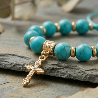 Adjustable Turquoise-Style Beaded Cross Bracelet