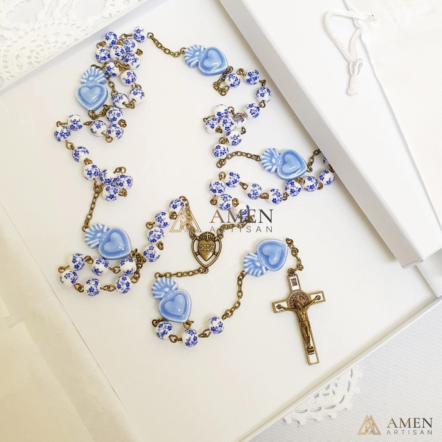 Delft Blue Beads Sacred Heart Rosary - Blue and White Cherry Blossom Beads Vintage Bronze Style Ceramic Rosary -Amen Artisan