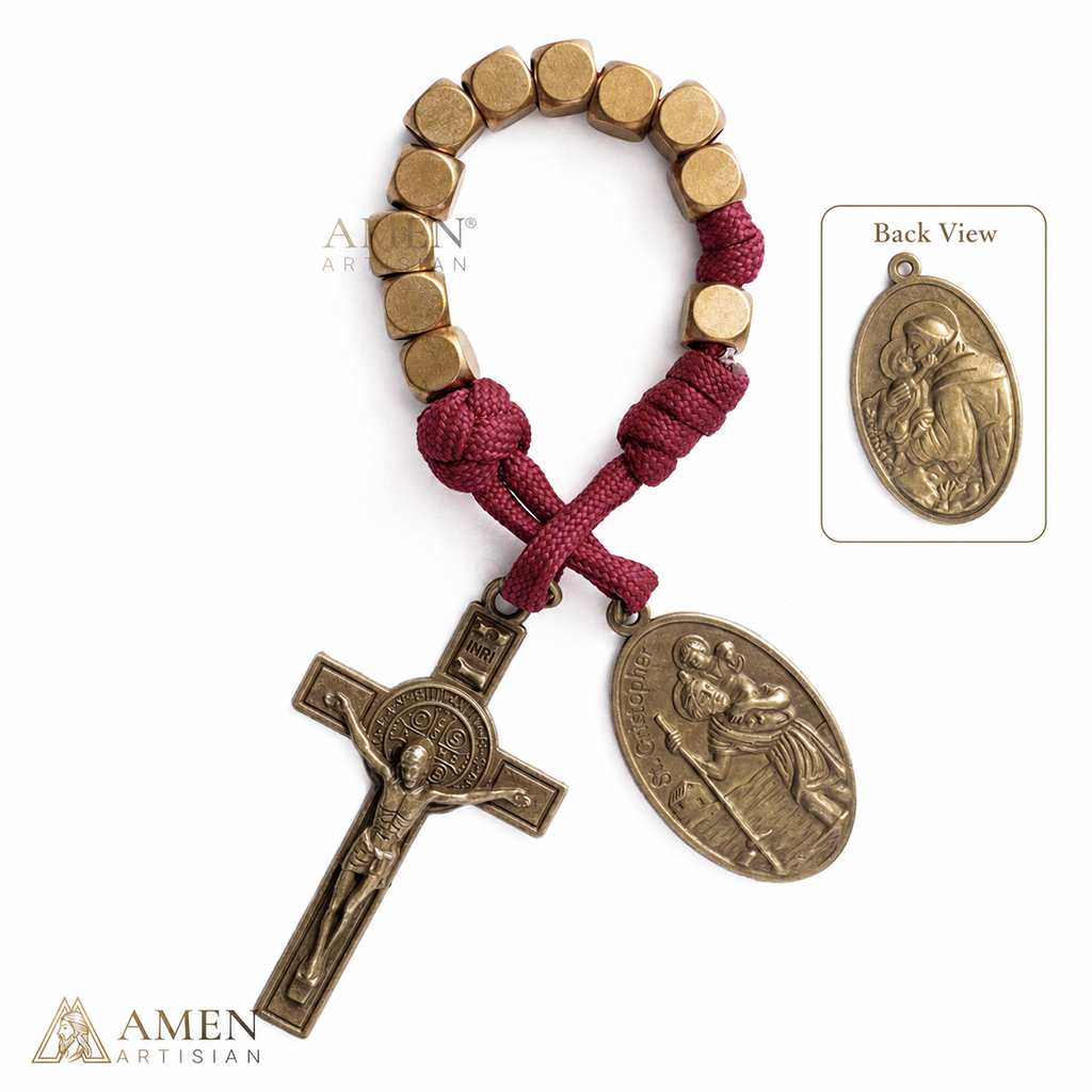 Burgundy Clip-On Pocket Decade Rosary with Crucifix and Our Lady Medal