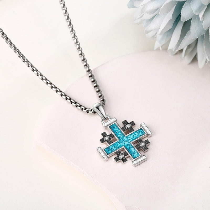 Natural Turquoise Diamond Jerusalem Cross Necklace Amen Artisan