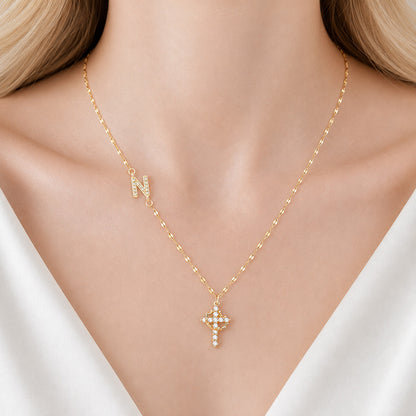 【DEAL TODAY】Sparkling Zircon Cross Necklace with A-Z Initial Charm