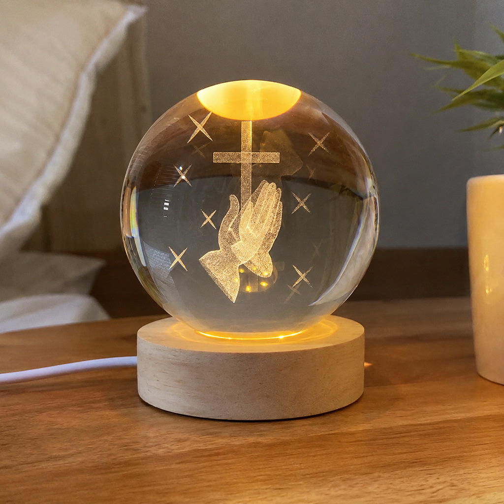 Christian Crystal Ball Night Light with Praying Hands and Cross — Peace