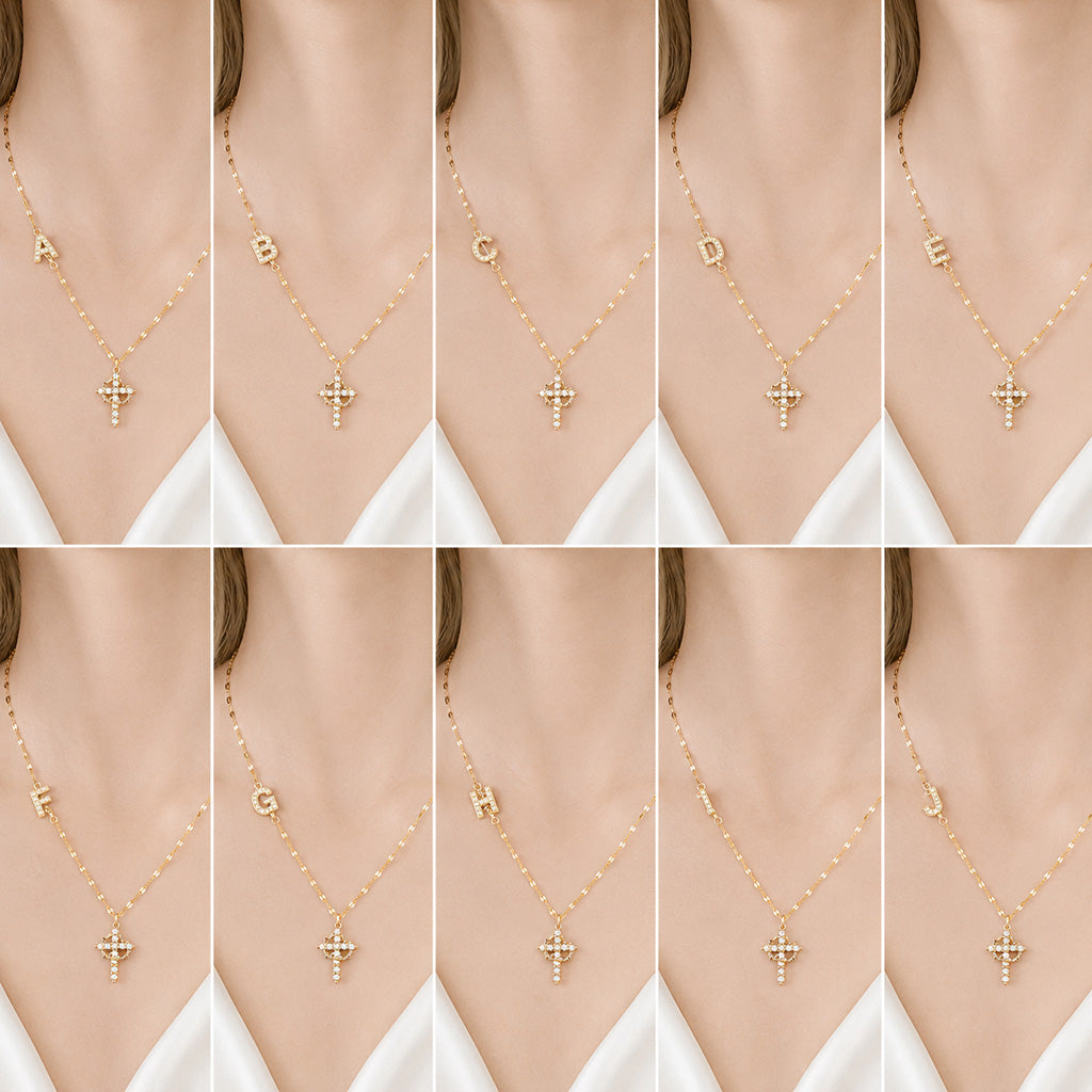 【DEAL TODAY】Sparkling Zircon Cross Necklace with A-Z Initial Charm
