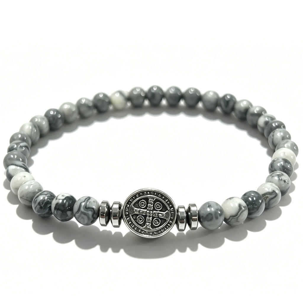 Multicolor Natural Stone St. Benedict Bracelet with Double-Sided Medal