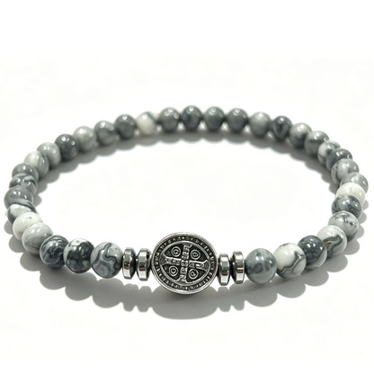 Multicolor Natural Stone St. Benedict Bracelet with Double-Sided Medal