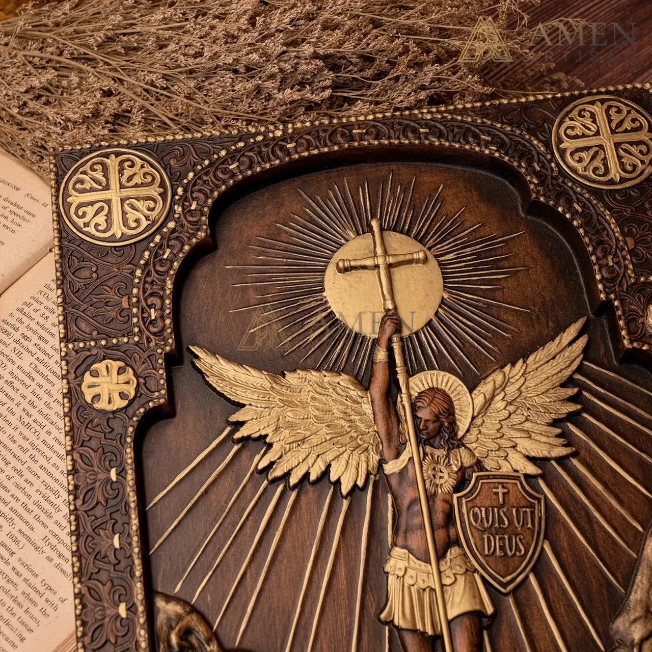 St Michael Wood Carving Amen Artisan