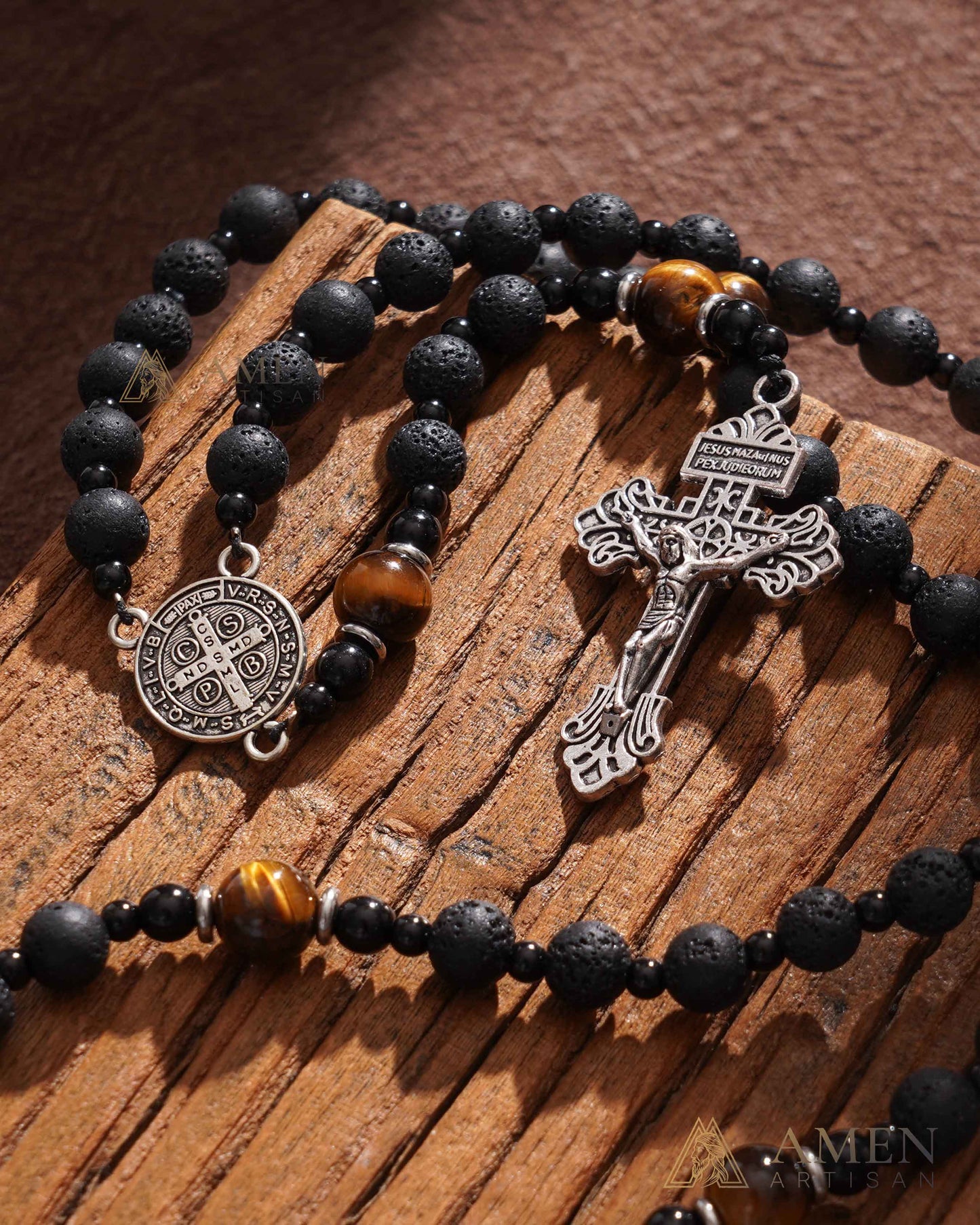 Natural Lava Stone & Tiger’s Eye Prayer Beads with Vintage-Style Crucifix |  Amen Artisan