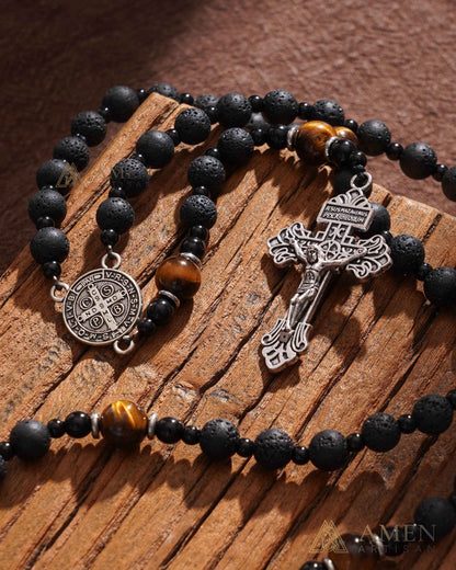 Natural Lava Stone & Tiger’s Eye Prayer Beads with Vintage-Style Crucifix |  Amen Artisan