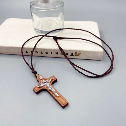 Wood Inlaid Metal Crucifix Cross Necklace Amen Artisan